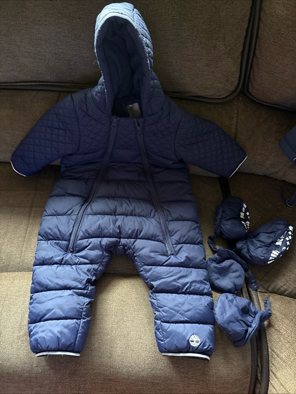Timberland Baby Snowsuit Blue Puffer Bunting Hooded One Piece Mittens 18m